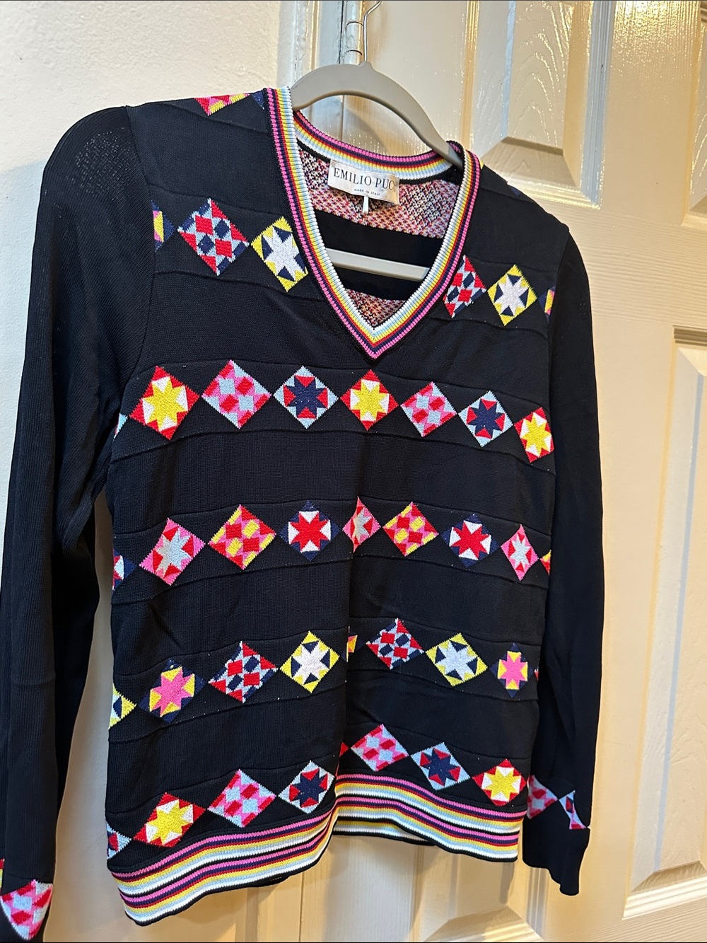 Emilio Pucci Black V-Neck Sweater with Multicolor Star Pattern